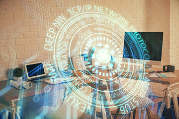 Double exposure of data theme drawing and office interior background. Concept of technology.