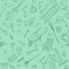 Garden tools, vegetables and fruits doodle seamless pattern. Outline illustrations, gardening. Home agricultural equipment