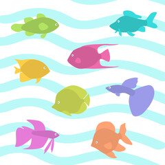 Set of abstract fish. Colored vector image on a background of waves. Isolated pictures of fish.