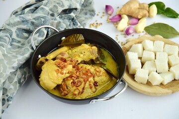 Opor ayam, chicken cooked in coconut milk from Central Java, Indonesia. Served with lontong (compressed rice cake). Popular dish for lebaran or Eid al-Fitr