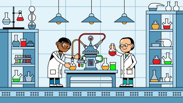 Scientists chemists make an experiment in chemical laboratory. Science lab - cartoon vector illustration.