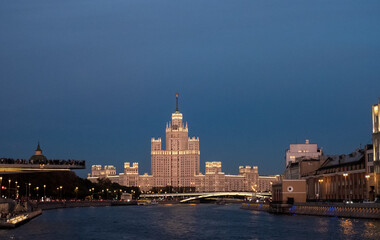 Evening view of the city of Moscow. City landscape, view of the Moscow river  and  Stalin skyscraper. 
