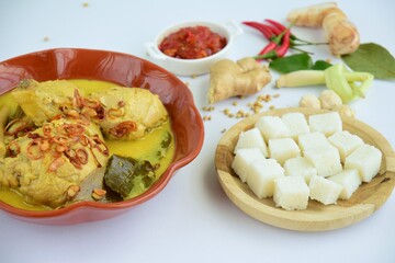 Opor ayam, chicken cooked in coconut milk from Central Java, Indonesia. Served with lontong (compressed rice cake). Popular dish for lebaran or Eid al-Fitr