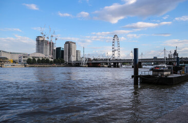 Monochromatic photo of London Eye and London panorama over Thames river