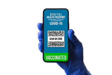 Digital health passport certificate concept, doctor in gloves holds smartphone with vaccination status info, isolated on a white background