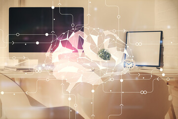 Multi exposure of brain drawing and office interior background. Concept of data technology.