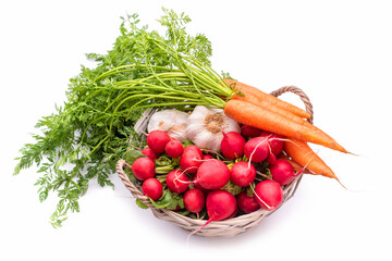 Basket with vegetables. Radish, garlic and carrots with tops. View from above 