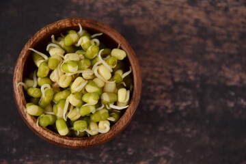 Bowl of Mung bean sprouts on wooden background
