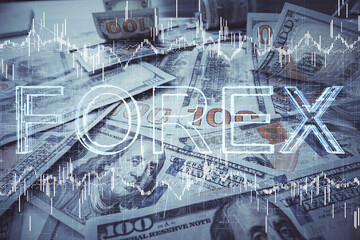 Multi exposure of forex chart drawing over us dollars bill background. Concept of financial success markets.