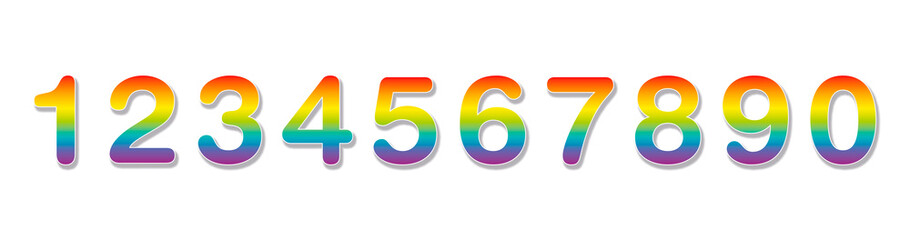 Rainbow gradient colored numbers in a row. The ten numbers from one to zero. Isolated vector illustration on white background.
