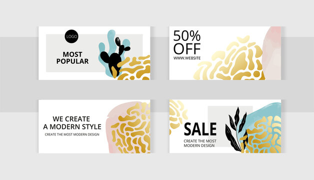 Botanical set of horizontal photo collage banners. Abstract gold leopard pattern shapes in boho style. Minimalism templates for social media posting and online advertising. Trend vector illustration.
