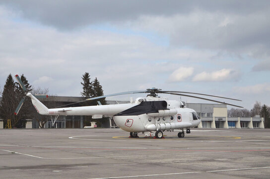 Helicopter MI-8, is parked at the airport, photographed close-up, side view.
