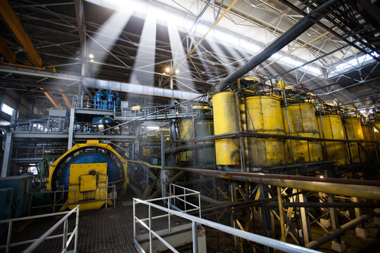 Copper ore concentration plant. Otokumpu company tanks and equipment. Khromtau, Kazakhstan.