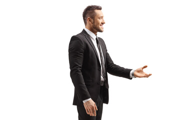 Professional man in formal clothes gesturing with hand