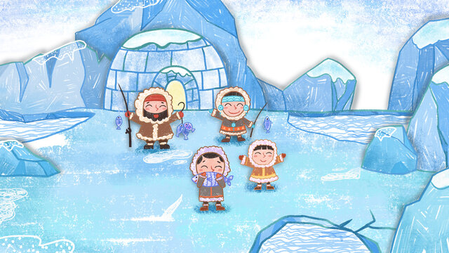 Arctic People Inuit Athabascan Backdrop Cartoon Background. Cute oil pastel drawing crayon doodle for children book illustration, poster, or wall painting.