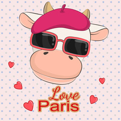 Lovely beautiful cow in sunglasses and pink beret.
