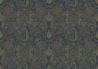 Hand-drawn unique abstract symmetrical seamless gold ornament on a dark blue background, fabric texture. (pattern: p01b)