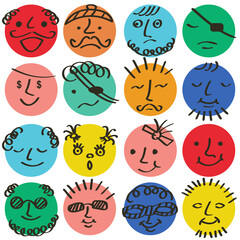 Round abstract colored comic faces with various emotions.