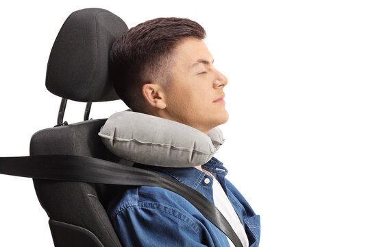 Guy Sleeping In A Car Seat With A Neck Pillow