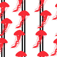 Obraz premium Red silhouette of jellyfish on vertical stripes seamless pattern, bright silhouettes of underwater animals on a white background