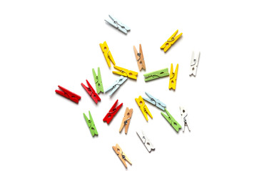Top view of multicolored clothespin isolated on white background