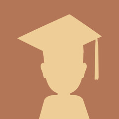 Graduate student wearing a square academic cap. Silhouette in beige brown tones. Young guy student in a higher education institution. Graduation evening at the university, institute, school. Vector.