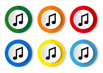 Music vector icon set, flat design vector illustration in 6 colors options for webdesign and mobile applications