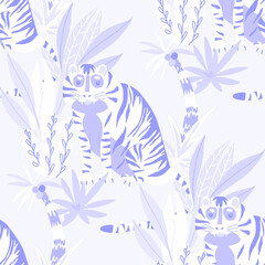 Fototapeta na wymiar Creative seamless pattern with tiger in tropical forest. Bright summer print for any purposes. Trendy style. 