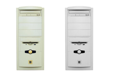 Outdated yellowed system unit of personal computer. White isolate.