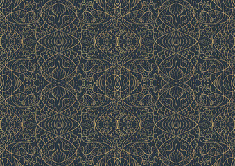 Hand-drawn unique abstract symmetrical seamless gold ornament on a dark blue background, fabric texture.	(pattern: p02-2b)