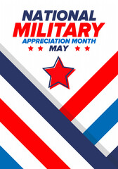 Obraz premium National Military Appreciation Month in May. Annual Armed Forces Celebration Month in United States. Poster, card, banner and background. Vector illustration