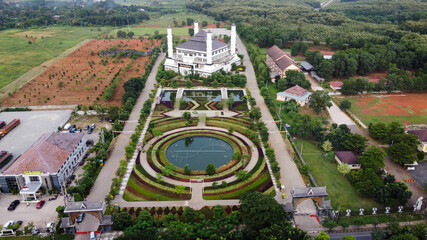 Tajug Gede Cilodong Mosque panorama view Largest Mosque in Purwakarta. Ramadan and Eid Concept and noise cloud when sunset or sunrise view. Purwakarta, Indonesia, April 22, 2021