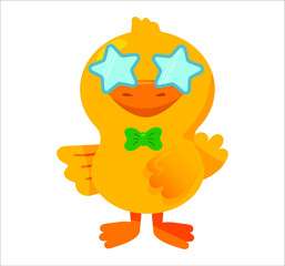 Cute happy duckling wearing stars shaped sunglasses with a bowtie. Colourful vector illustration