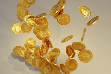 many gold coins fall in the air on a light background. 3d rendering