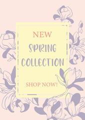 Spring banner with magnolia flowers for online shopping, advertising actions, magazines and websites. Vector buds illustration.