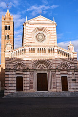 Facade of the historic cathedral with belfry in the city of Grossetp