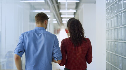 Fototapeta premium Back view colleagues talking while walking office. Creative people discussing.
