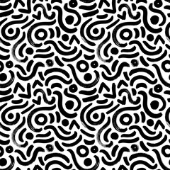 Fototapeta premium Organic irregular circular lines vector seamless pattern. Hand drawn black and white organic shapes and circles texture. Biological grunge squiggle lines, structure of natural cells. Dry brushstrokes.