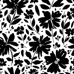 Behang Zwart wit Naadloze bloemenpatroon vector. Hand getekende botanische inkt illustratie met bloemmotief. Kamille of madeliefje geschilderd door borstel. Handgetekende zwarte print voor stof, inpakpapier, behangontwerp