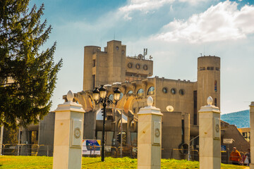 SKOPJE, NORTH MACEDONIA: Unusual post office building on the street. Beautiful buildings in the...