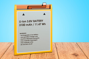 Lithium Ion Cell Phone Battery on the wooden planks, 3D rendering