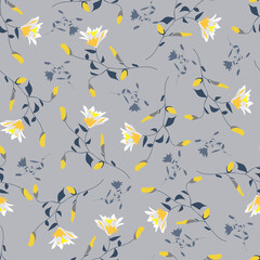 Floral blossom seamless pattern. Randomly scattered blooming botanical motif. Hand drawn flowers on branches sketch drawing on light background. Color vector illustration on grey