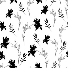 Silhouettes herbarium monochrome floral seamless pattern. Wild branches, leaves, flowers scattered random. Botanical vector illustration on white.