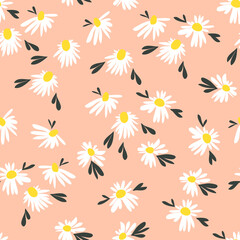 Blossom floral seamless pattern with daisy. Blooming botanical motifs scattered random. Color vector texture for fashion, fabric, wallpaper, print. Hand drawn abstract flowers on pink background