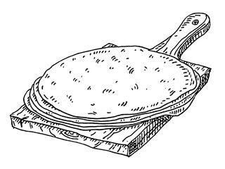 Flour and single tortillas. Vintage hatching black illustration.