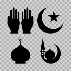 set illustration of Islamic icons. the silhouette of the dome, crescent moon, stars, and hands. can be used for the month of Ramadan, Eid and Eid Al-Adha. for logo, website and poster designs.