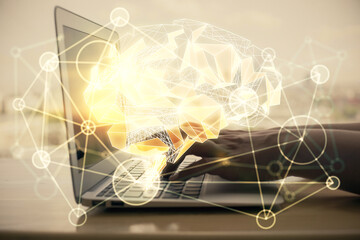 Multi exposure of woman hands working on computer and brain hologram drawing. Ai concept.
