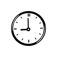 Hand drawn simple circle Clock icon of black color. Doodle sketch style. Concept of time, minute, deadline. Clock with arrow on white background