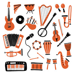 Hand drawn set of different types musical instrument, guitar, saxophone. Doodle sketch style. Isolated vector illustration for music shop icon, musical instrument store, music course, background - obrazy, fototapety, plakaty