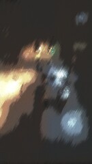 The trace of a human hand on the fogged glass. Abstract image. View of the evening street on the foggy glass left a trace of a human hand. Lanterns are on the street.